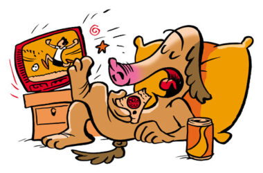Ein Cartoon von einem faulen Hund mit stilisierter Schweinsnase, der auf dem Sofa sitzt, Pizza isst und fernsehen schaut, während ein Fitness-Workout auf dem TV zu sehen ist – symbolisch für das Überwinden des inneren Schweinehunds.