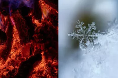 Symbolische Darstellung von Hitze- und Kälteexposition: Auf der linken Seite glühende Holzkohle in roten und orangenen Tönen, während auf der rechten Seite eine Schneeflocke in klarem, kristallinem Weiss zu sehen ist